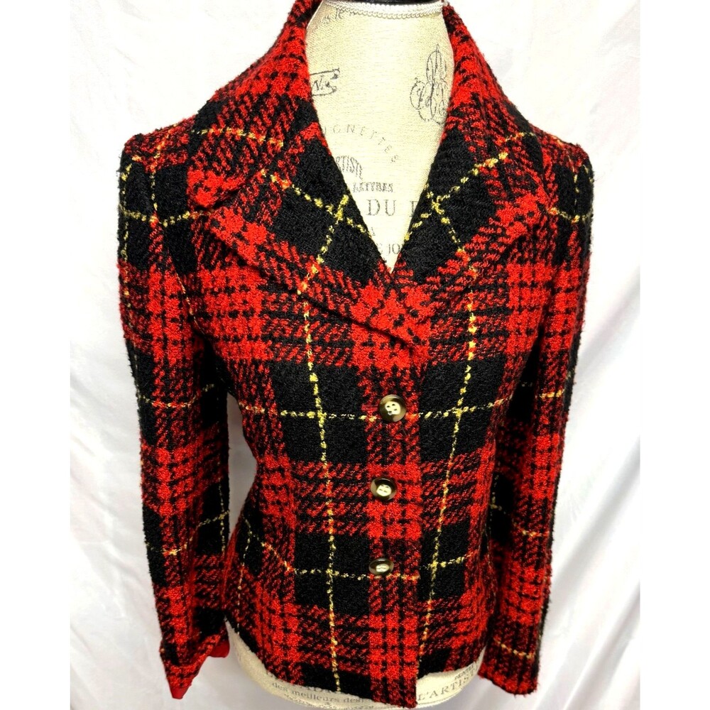 Vintage Evan Picone Women's S Blazer Jacket Red Black Gold Plaid Lined Jacket